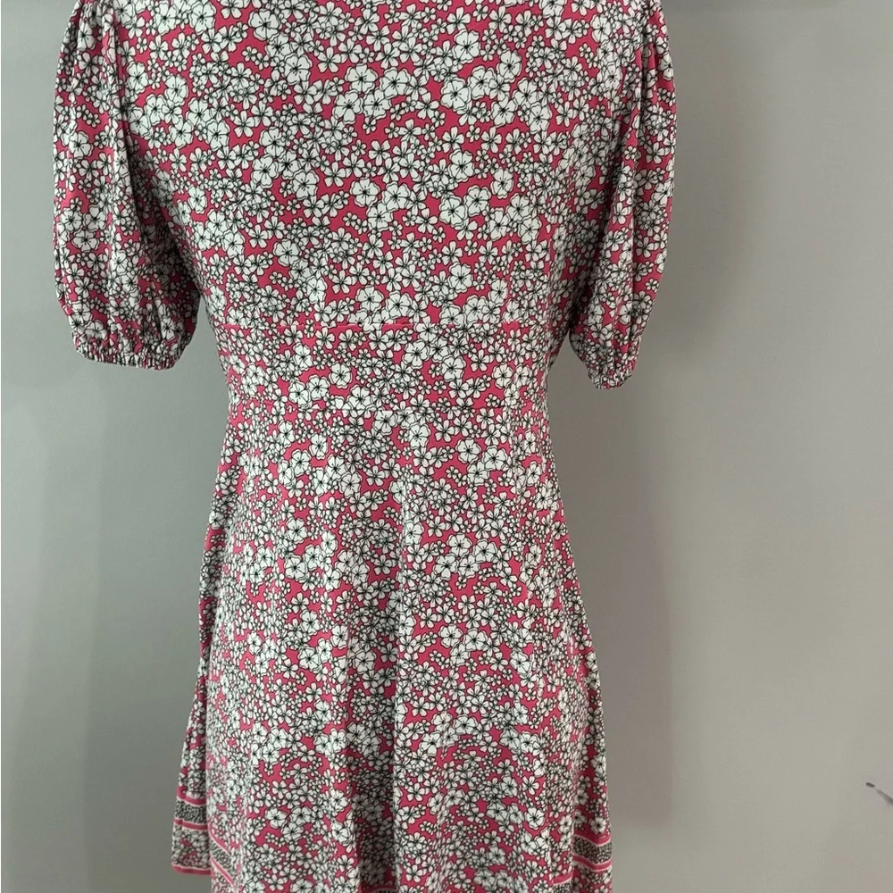 🌸 MICHAEL KORS Rose Pink Floral Mini Dress | Puff Sleeve V-Neck | Size M